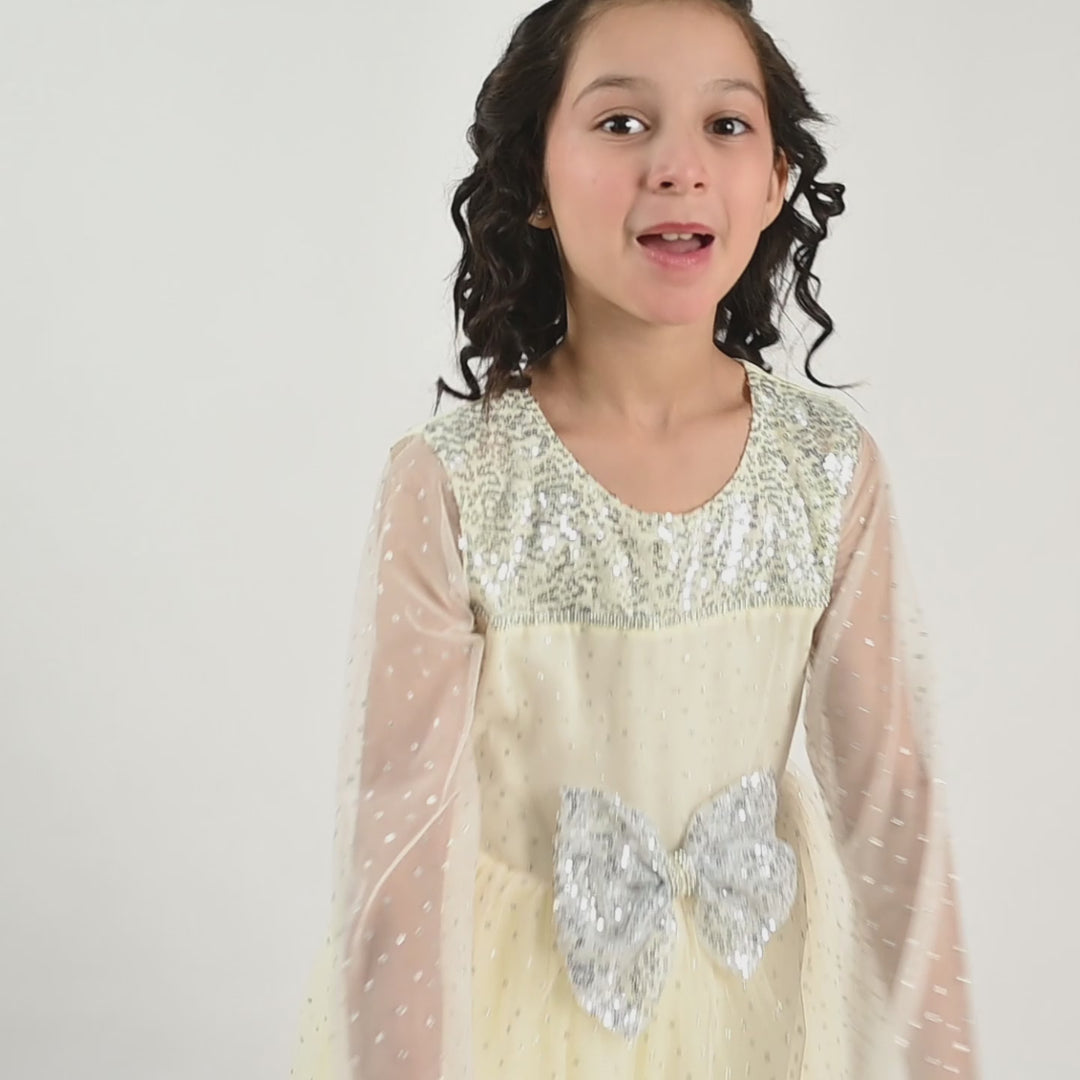 Girls Organza Fancy Frock-Shimmer Polka-OFF-White
