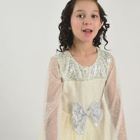 Girls Organza Fancy Frock-Shimmer Polka-OFF-White