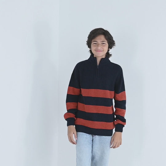 Boys Acrylic Sweater Stripe Mock - Red/Blue