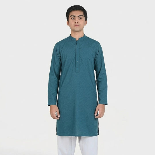 Teens Boys Cotton Jacquard Basic Kurta (Lynos) - Teal