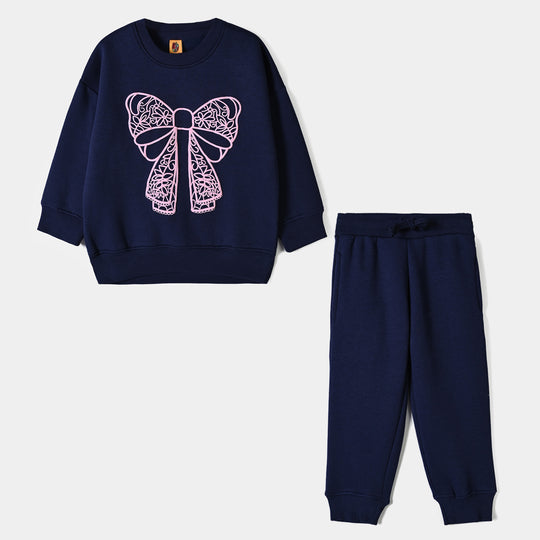 Girls Fleece 2 Piece Suit Lace Bow-NAVY