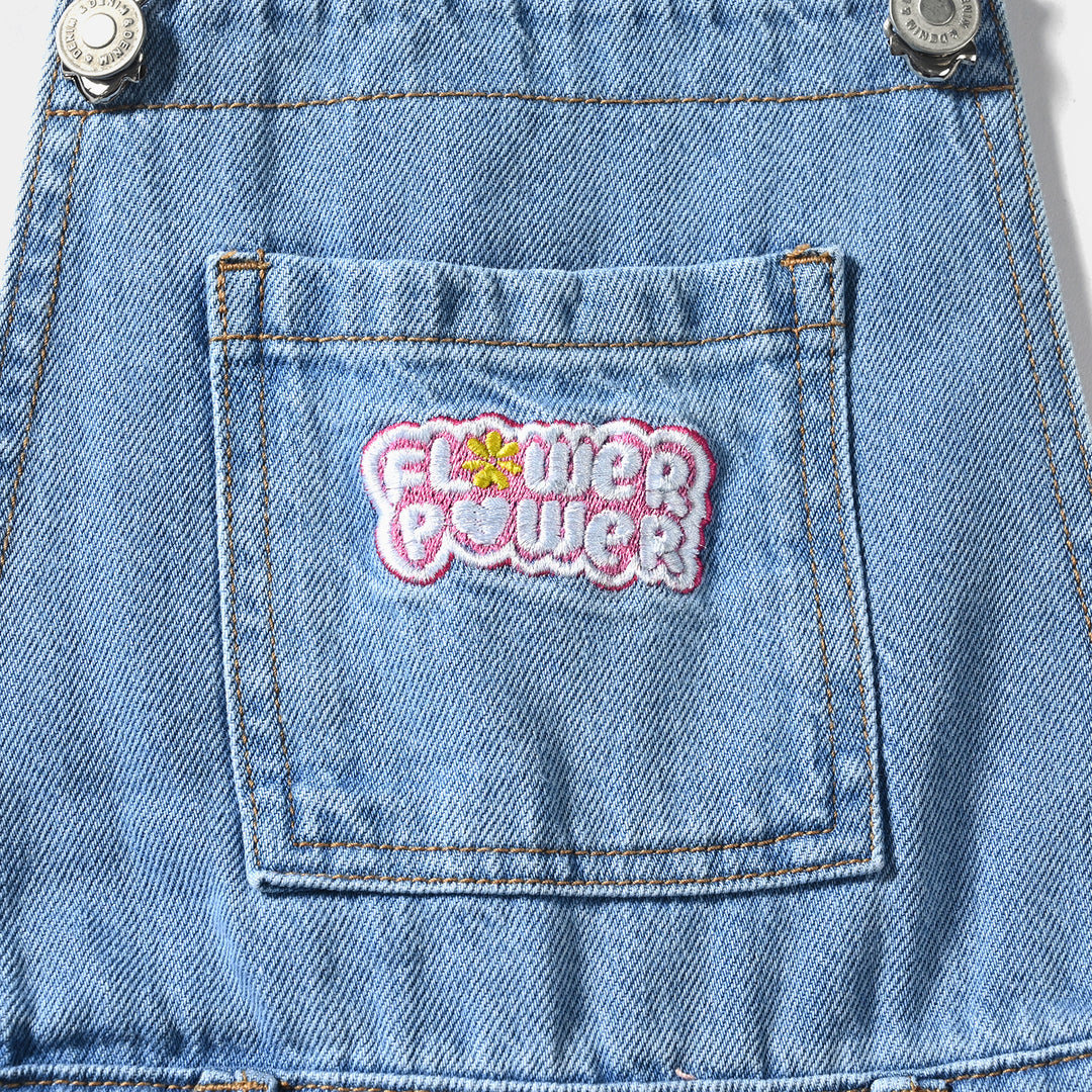 Girls Denim rigid Dangri Flower Power-Ice Blue