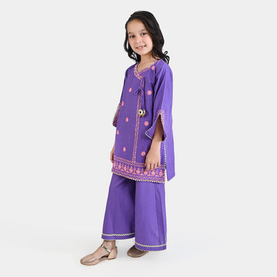 Girls Cotton Slub EMB 2PC Suit Dil Kush-Purple