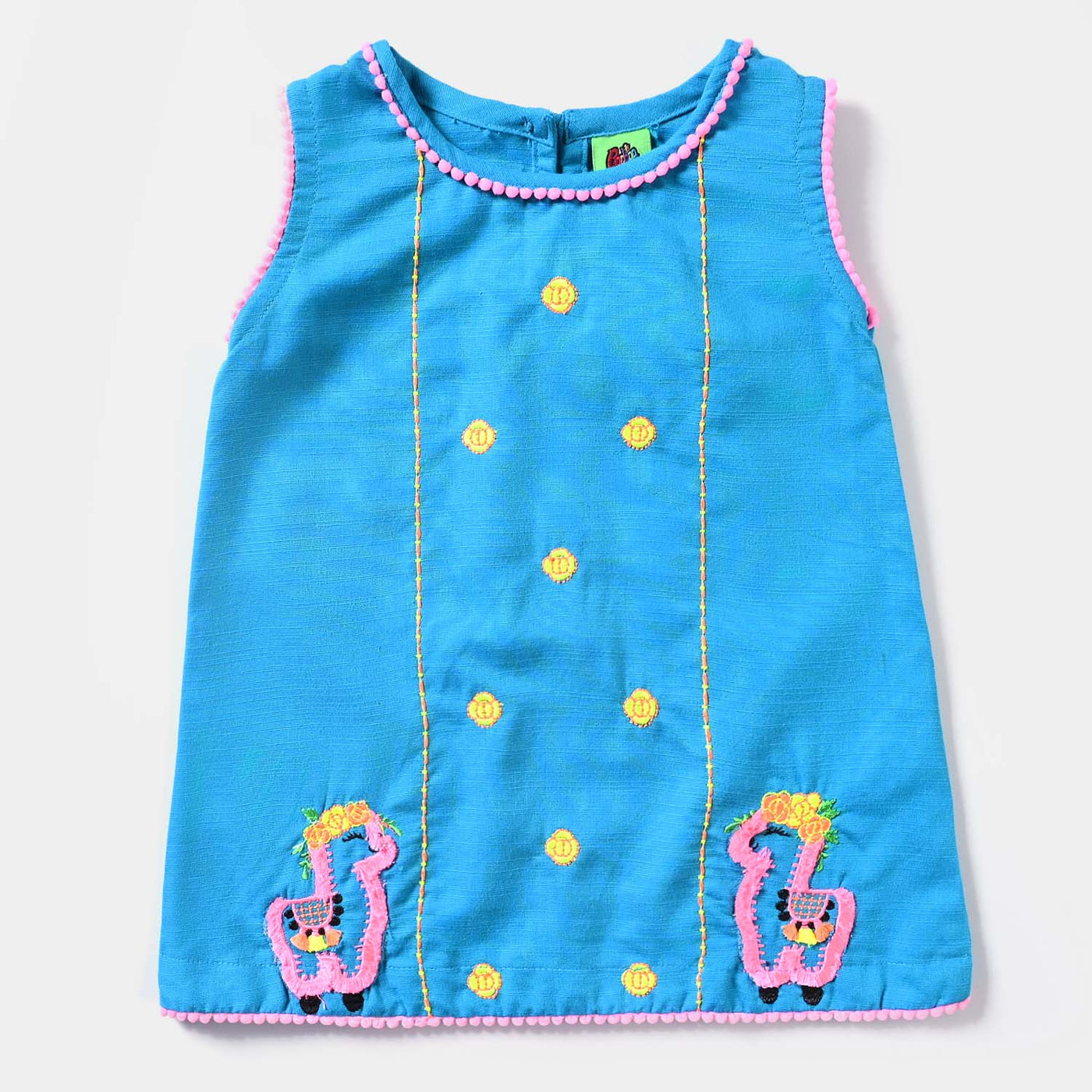Infant Girls Cotton Slub Embroidered Kurti Side By Side-Turquoise