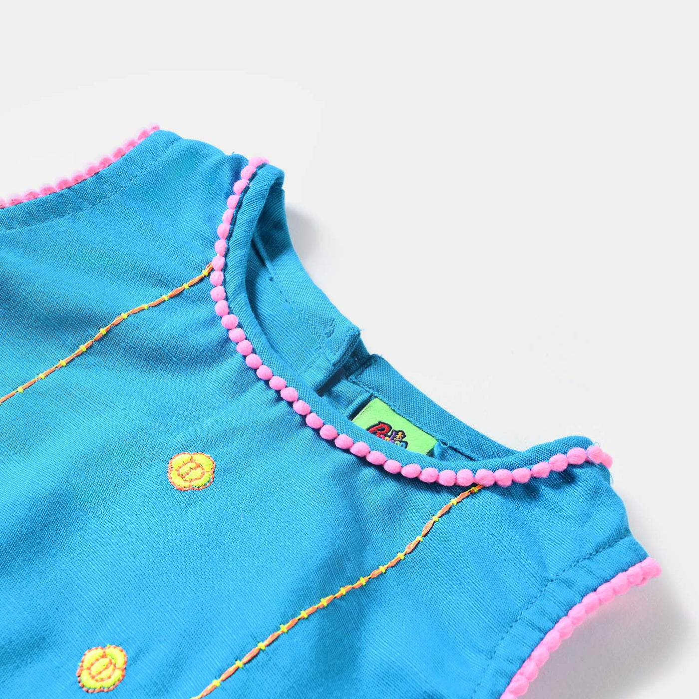 Infant Girls Cotton Slub Embroidered Kurti Side By Side-Turquoise