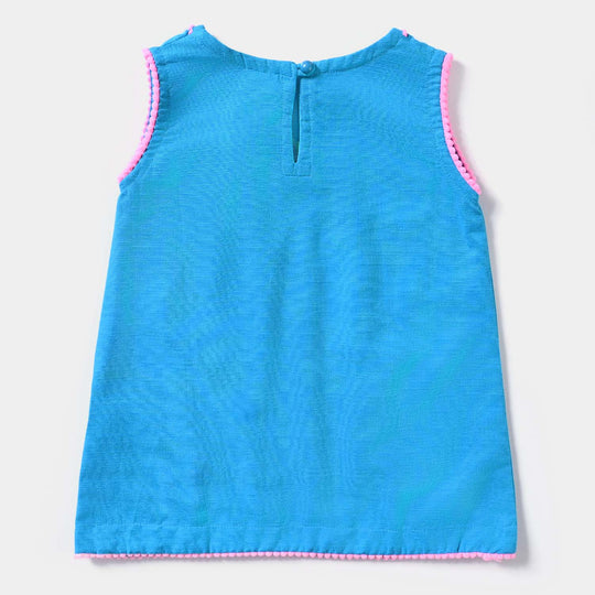 Infant Girls Cotton Slub Embroidered Kurti Side By Side-Turquoise