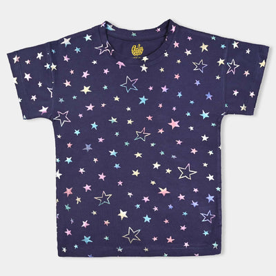 Girls Cotton Jersey T-Shirt H/S Multi stars-True Navy