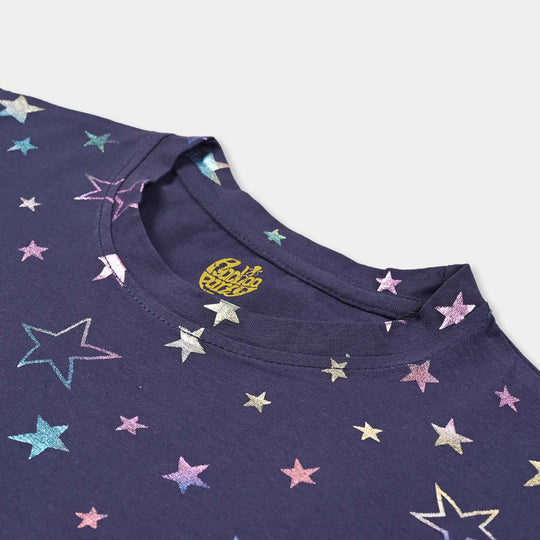 Girls Cotton Jersey T-Shirt H/S Multi stars-True Navy