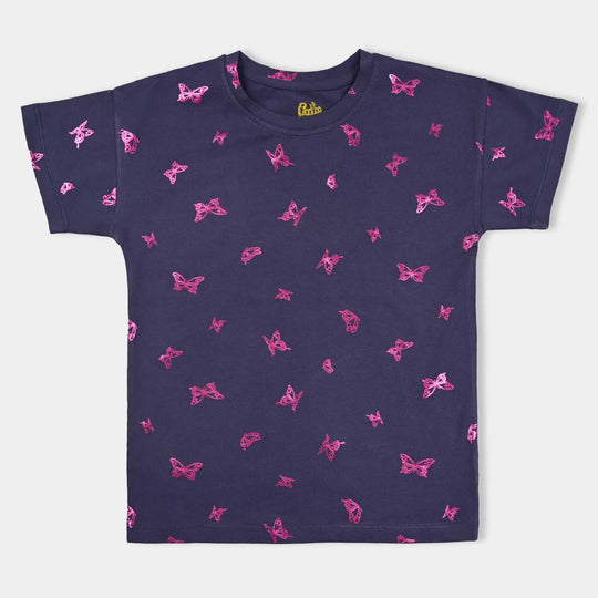 Girls Cotton Jersey T-Shirt H/S Butterfly-True Navy