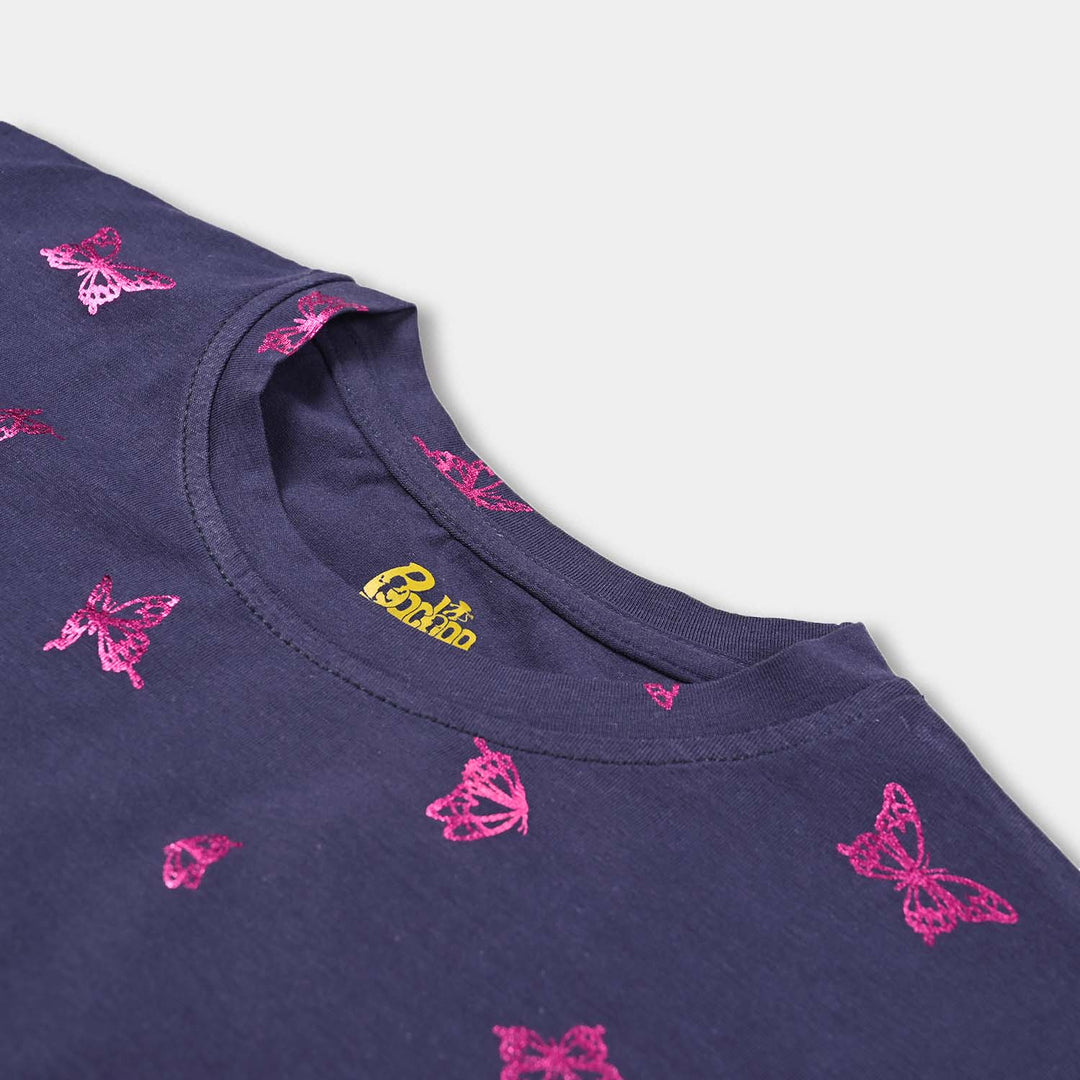 Girls Cotton Jersey T-Shirt H/S Butterfly-True Navy