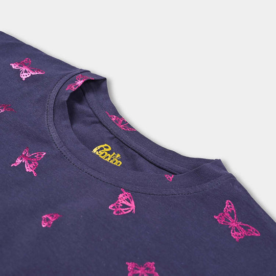 Girls Cotton Jersey T-Shirt H/S Butterfly-True Navy