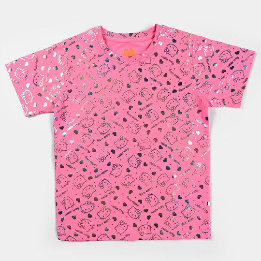 Girls Cotton Jersey T-Shirt H/S Kitty-Pink