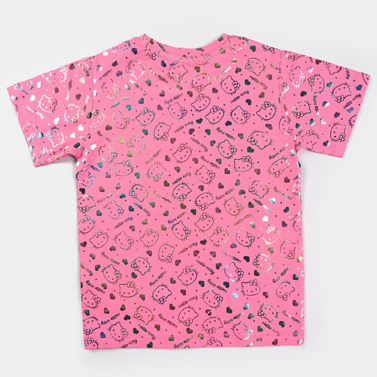 Girls Cotton Jersey T-Shirt H/S Kitty-Pink