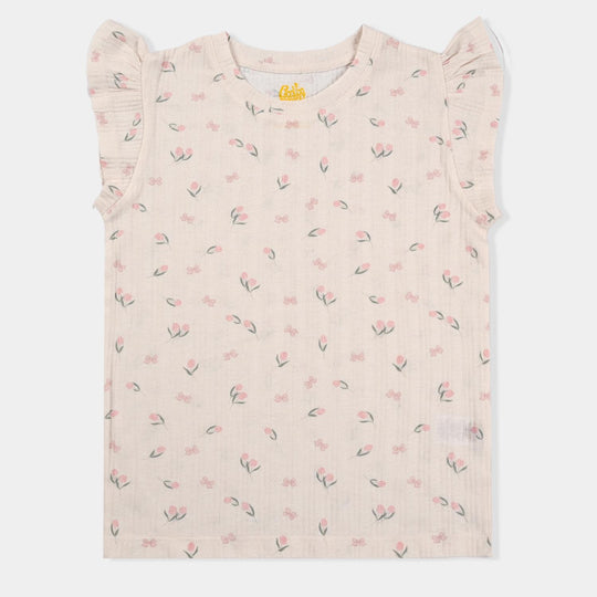 Girls Jacquard T-Shirt H/S Flowers-Beige