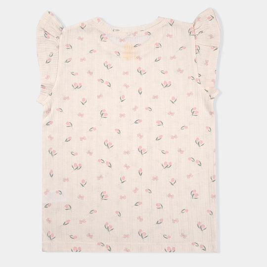 Girls Jacquard T-Shirt H/S Flowers-Beige