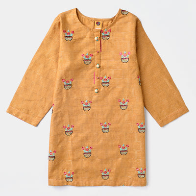 Girls Jacquard Embroidered Kurti Flower Pots-Mustard