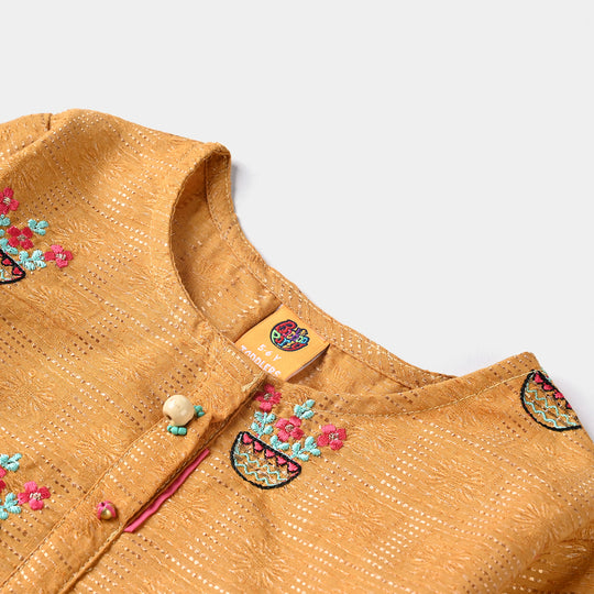 Girls Jacquard Embroidered Kurti Flower Pots-Mustard