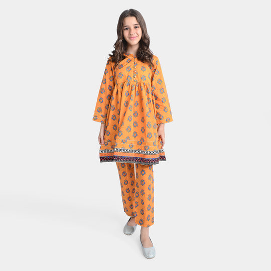 Girls Cotton Poplin Printed 2PC Suit Evelyn-Orange