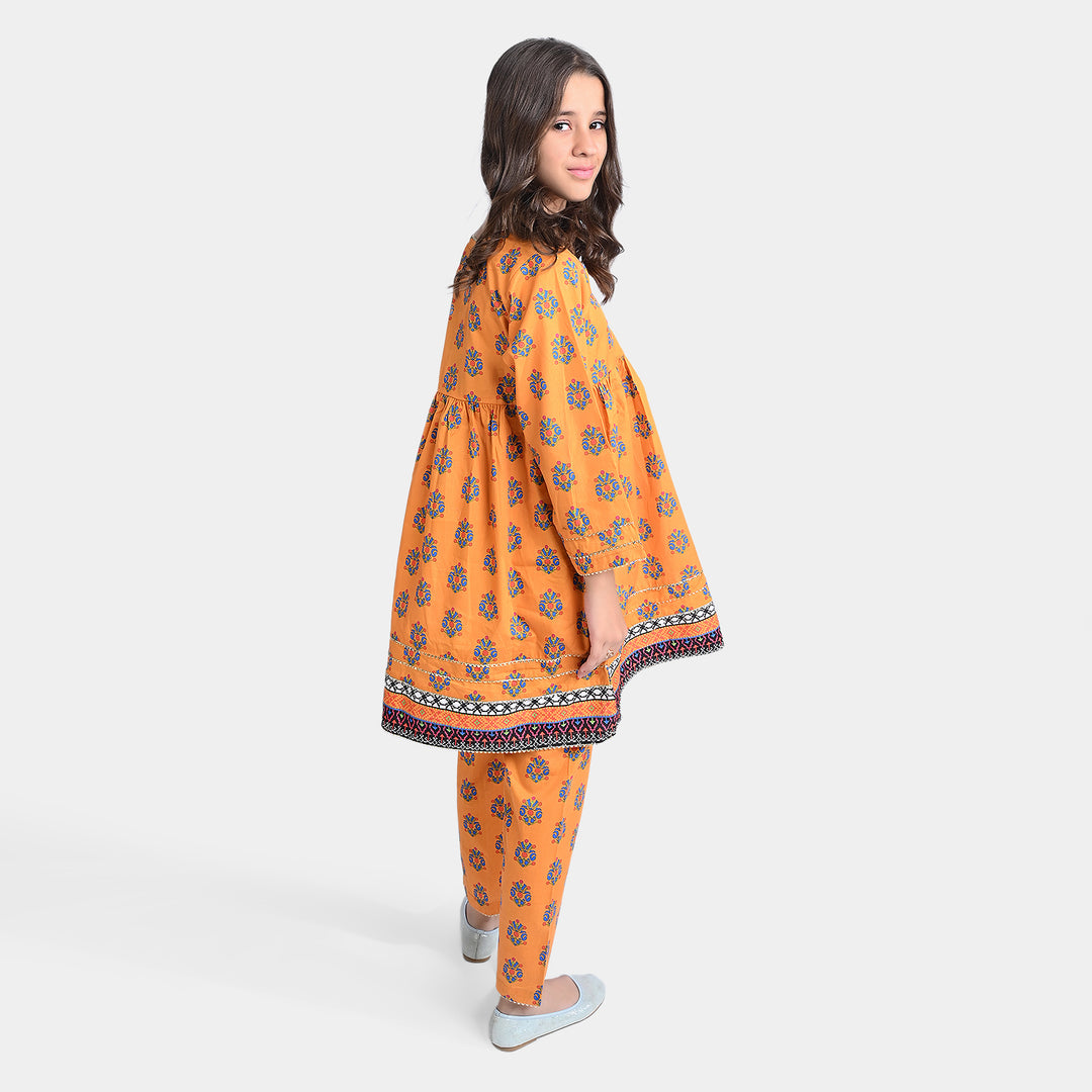 Girls Cotton Poplin Printed 2PC Suit Evelyn-Orange