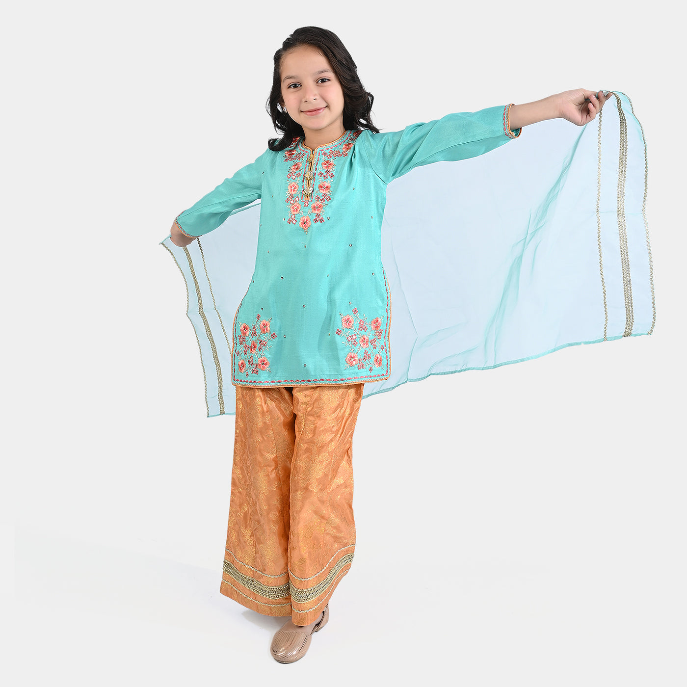 Girls Raw Silk 3PC Suit Raqs-e-Bahar-Aqua Green