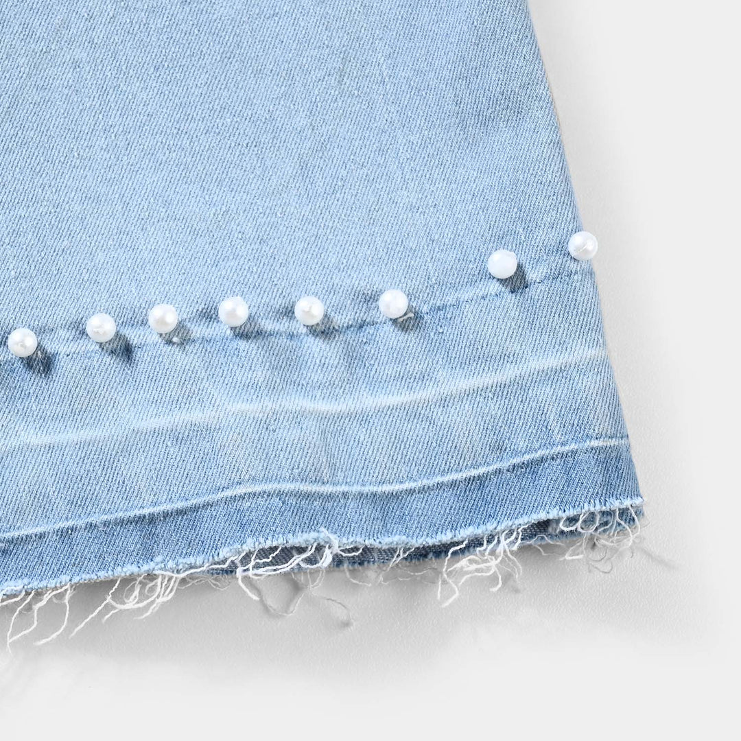 Girls Denim Stretch Pant Pearls-Ice Blue