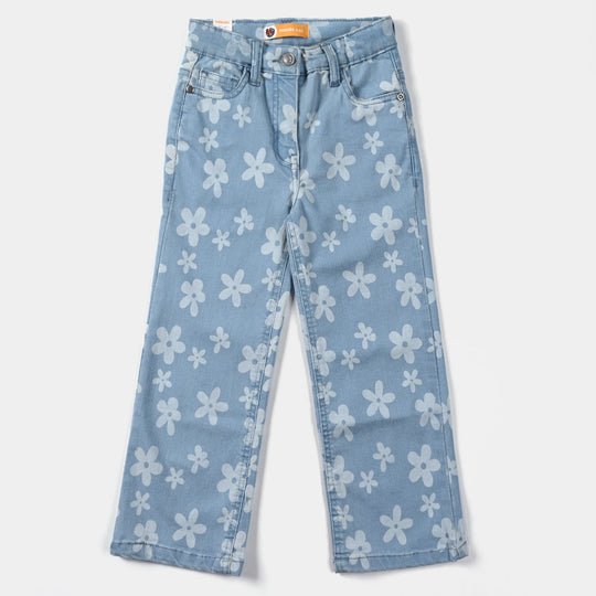 Girls Denim Stretch Pant Floral-Ice Blue