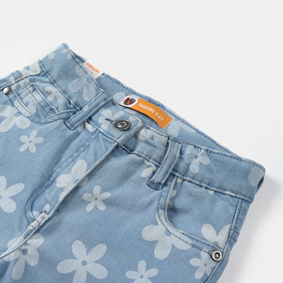 Girls Denim Stretch Pant Floral-Ice Blue