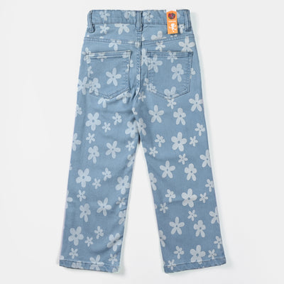 Girls Denim Stretch Pant Floral-Ice Blue