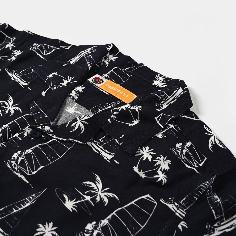 Boys Viscose Casual Shirt H/S Boats and palm trees-BLACK