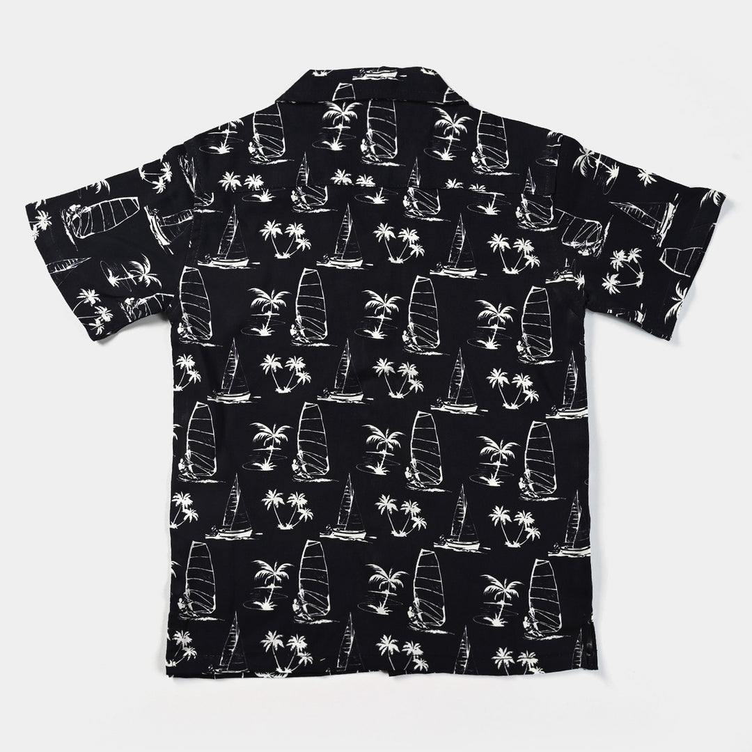 Boys Viscose Casual Shirt H/S Boats and palm trees-BLACK