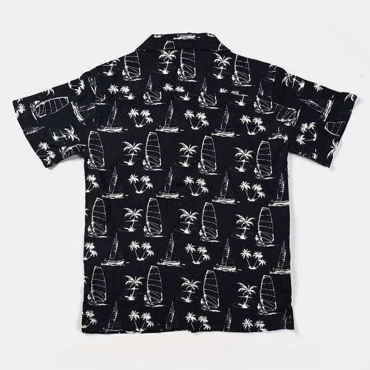 Boys Viscose Casual Shirt H/S Boats and palm trees-BLACK