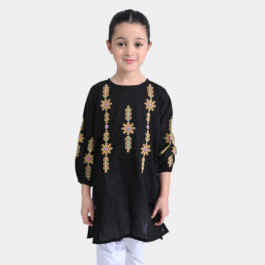 Girls Jacquard EMB Kurti Flower POP-BLACK