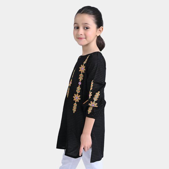 Girls Jacquard EMB Kurti Flower POP-BLACK