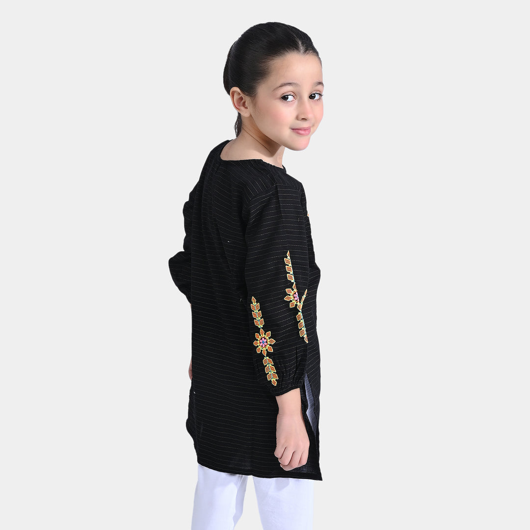 Girls Jacquard EMB Kurti Flower POP-BLACK