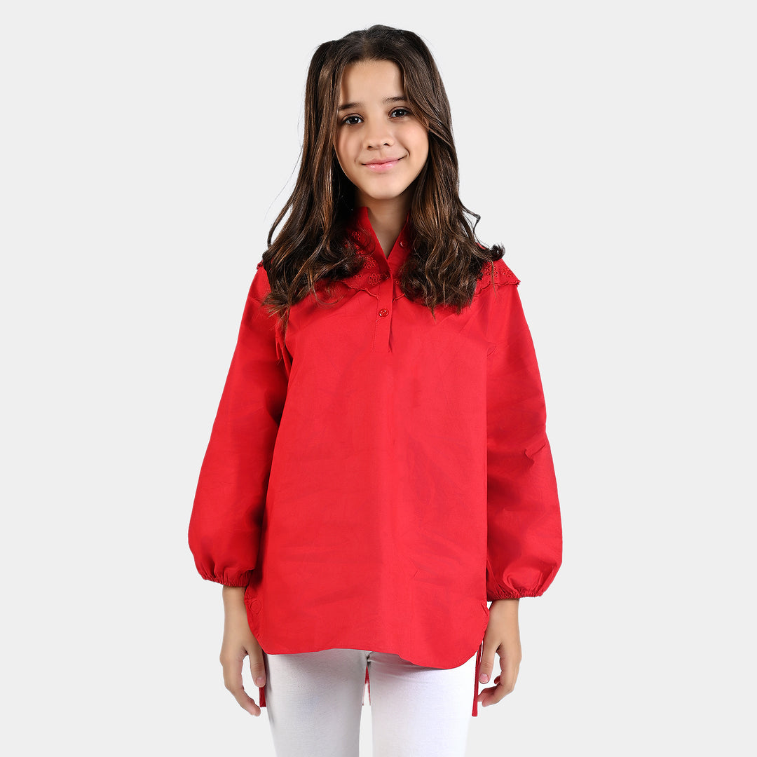 Girls Cotton EMB Top - Red