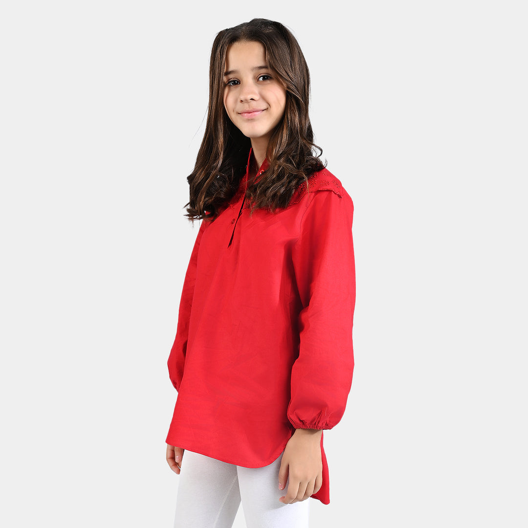 Girls Cotton EMB Top - Red