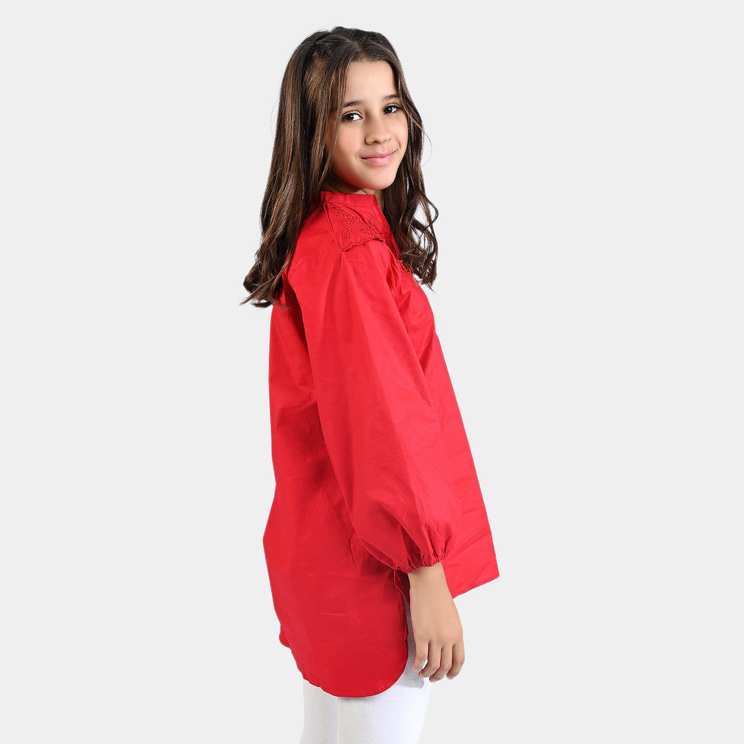 Girls Cotton EMB Top - Red