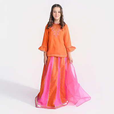 Girls Raw Silk 3PC Suit Gul-e-Bahar-ORANGE