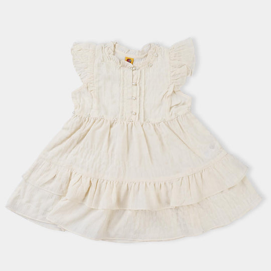 Girls Cotton Crushed Frock-BEIGE