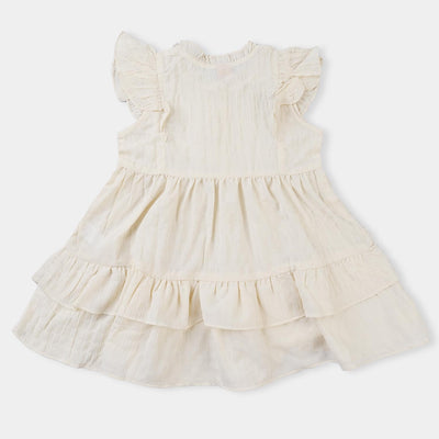 Girls Cotton Crushed Frock-BEIGE