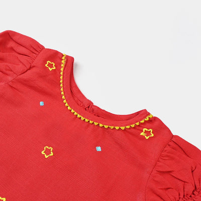 Infant Girls Cotton Slub Embroidered Kurti Pretty-Red