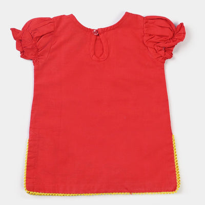 Infant Girls Cotton Slub Embroidered Kurti Pretty-Red