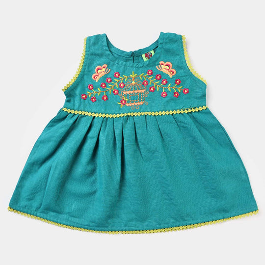 Infant Girls Cotton Slub Emb Kurti Bloomy - Green