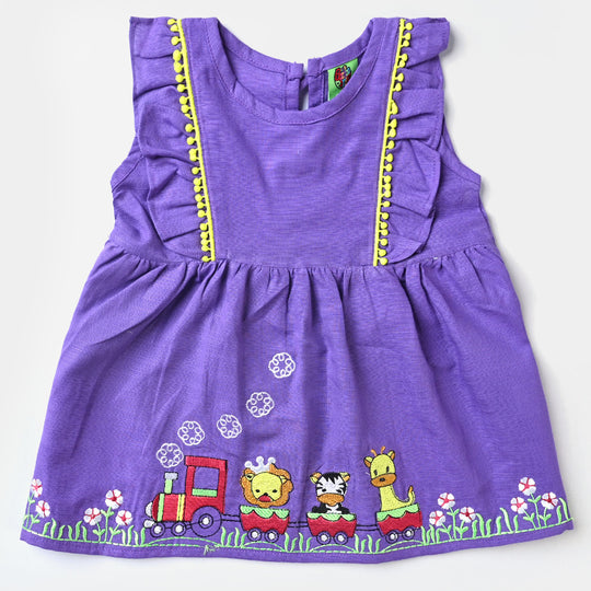 Infant Girls Cotton Slub Embroidered Kurti Little Train-Purple