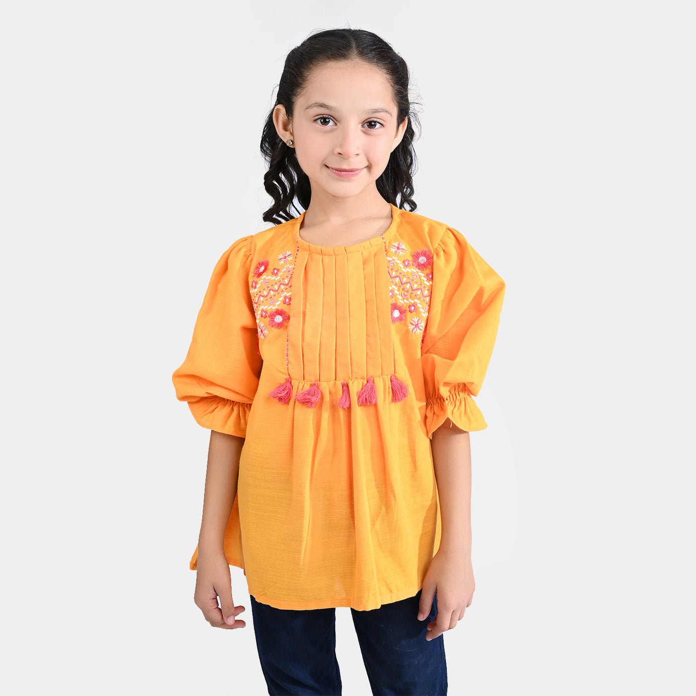 Girls Cotton Slub Emb Top Trible Motifs-Citrus