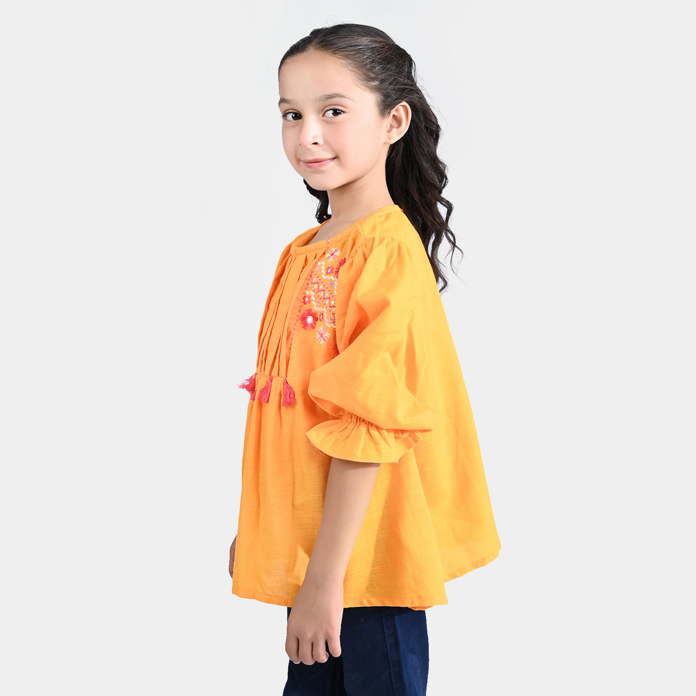 Girls Cotton Slub Emb Top Trible Motifs-Citrus