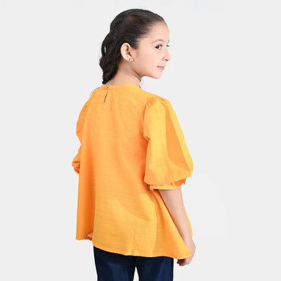 Girls Cotton Slub Emb Top Trible Motifs-Citrus