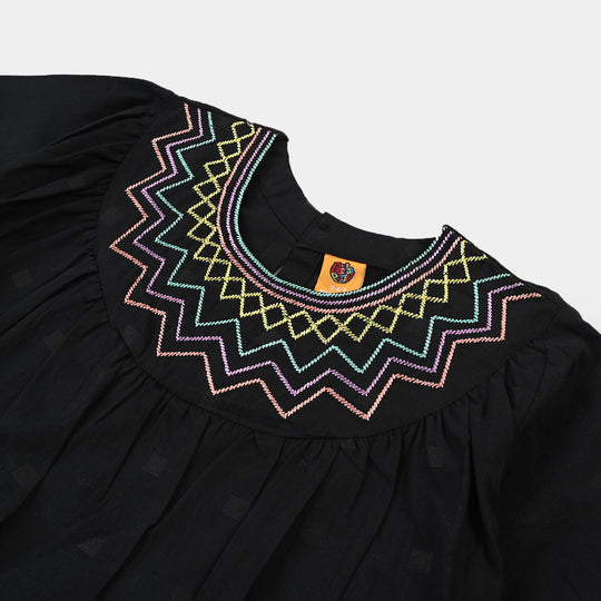 Girls Jacquard Emb Top Geometric Effect-BLACK