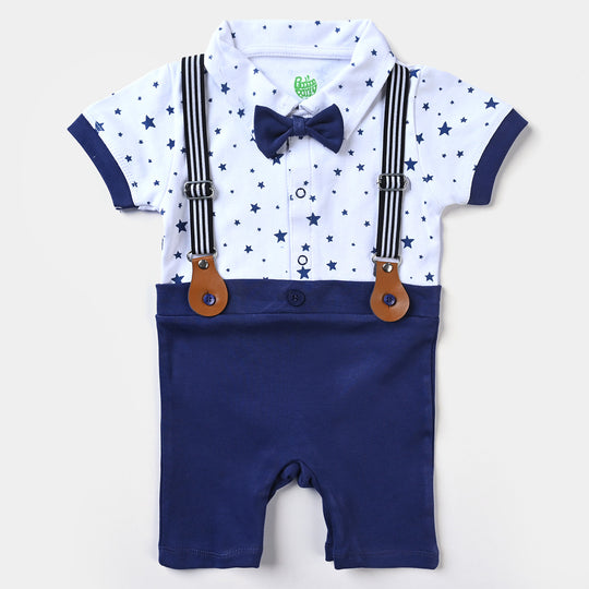 Infant Boys Cotton Knitted Romper Bow Stars-White/Navy