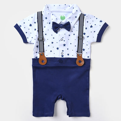 Infant Boys Cotton Knitted Romper Bow Stars-White/Navy